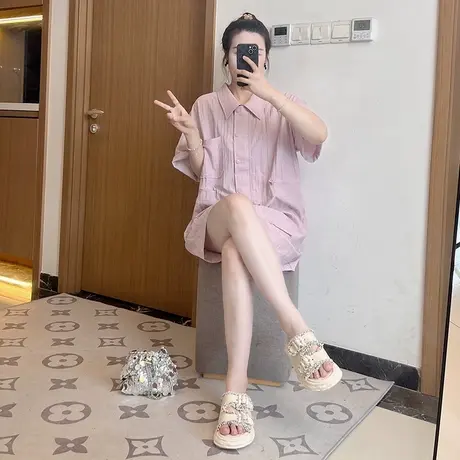 粉色薄款女小个子2025夏新款复古盐系短袖衬衫大码胖mm连体裤显瘦图片