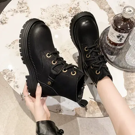 马丁靴女2023新款秋冬增高单靴厚底系带机车英伦风复古工装短靴子图片