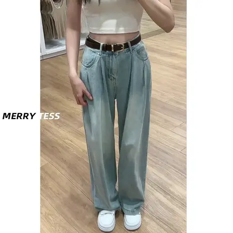 2023秋季爆款浅色直筒牛仔裤女宽松垂感小个子高腰显瘦阔腿拖地裤图片