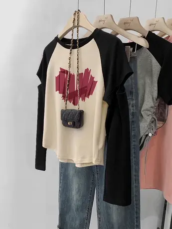 正肩女t恤韩系chic拼接插肩袖薄款内搭打底衫ins辣妹穿搭长袖上衣商品大图