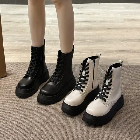 马丁靴女潮ins酷2023年新款夏季春秋单靴子英伦风松糕底增高短靴图片