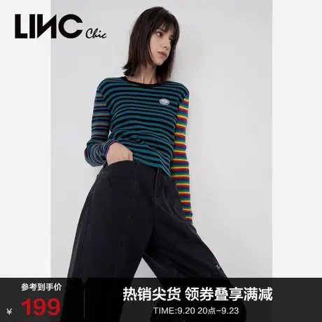 LINCCHIC金羽杰针织衫复古多彩撞色条纹打底针织衫上衣2031112图片