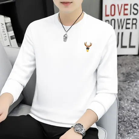 380g重磅纯棉白色卫衣男潮ins摇粒绒加绒加厚鹿头圆领无帽长袖t恤商品大图