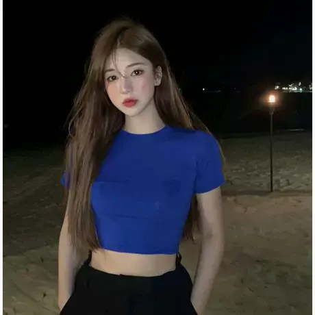 宝蓝色紧身大弹力运动衫女简约短袖t恤短款漏脐修身显瘦跑步上衣图片