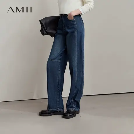 Amii2025秋新款极简复古香蕉裤牛仔蓝深蓝色宽松阔腿牛仔长裤女图片