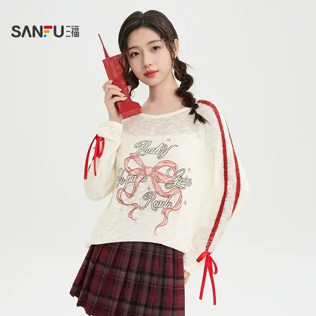 三福毛衣2025秋季蝴蝶结图案绑带袖宽松薄款上衣女装508856图片