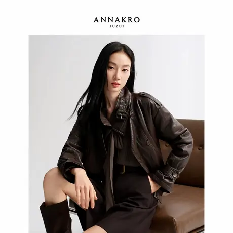 玖姿安娜蔻复古时髦立领落肩PU皮外套机车夹克女2026春季新款图片