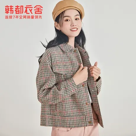 韩都衣舍2023秋冬新款复古格子上衣女气质矮个子短款毛呢外套图片
