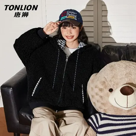 唐狮撞色羊羔绒外套女冬季2026新款小个子加绒加厚保暖连帽上衣VB图片