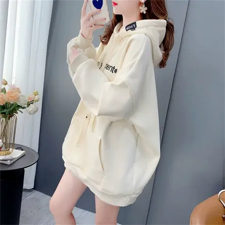 设计感加绒加厚连帽卫衣女中长款2022新款秋冬宽松慵懒风百搭上衣商品大图