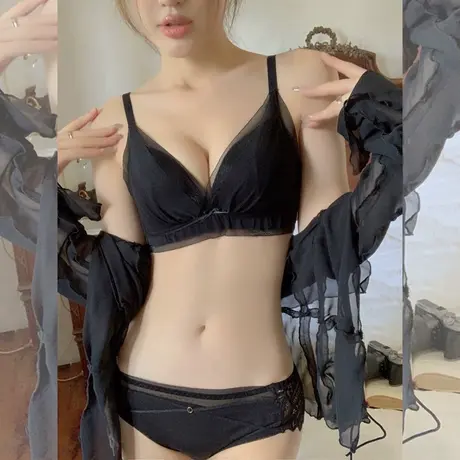 小胸聚拢内衣女士舒适透气性感网纱蕾丝胸罩无钢圈收副乳文胸套装图片