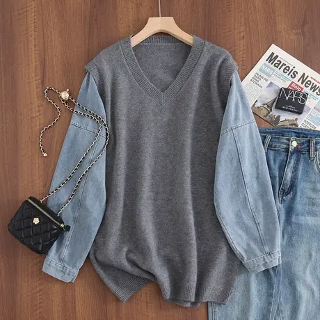 2023秋冬新款韩版宽松V领长袖套头针织衫毛衣女士拼接牛仔袖上衣商品大图