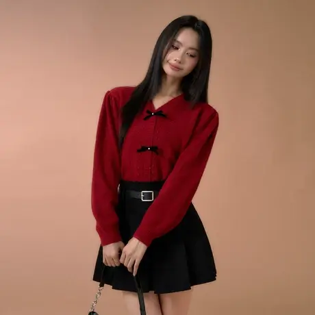 othermix温柔蝴蝶结针织衫女2023秋季新款V领小清新短V领毛衣外套图片