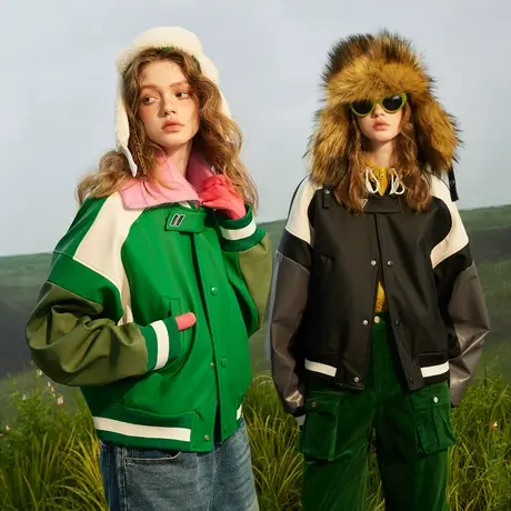 复古拼接棒球服外套女2023新款春秋ins潮牌小众宽松短款pu皮夹克商品大图