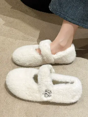 毛毛鞋女外穿2023新款冬季加绒女鞋豆豆鞋爆款白色玛丽珍孕妇棉鞋商品大图