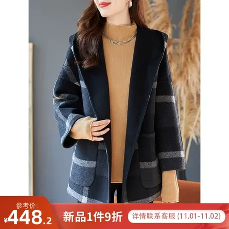 宝诗黎连帽格子绵羊毛呢外套女宽松2023冬季新款腰带呢子开衫上衣商品大图