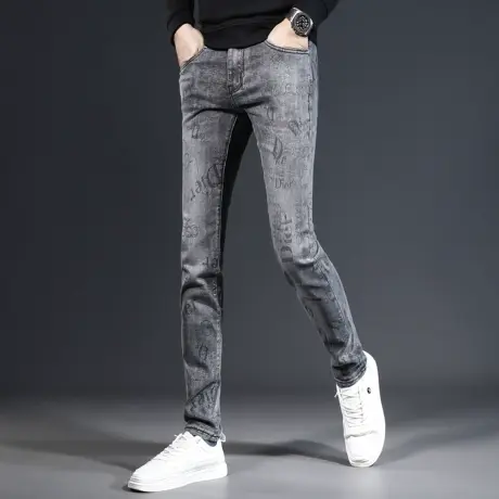 2023秋季男士印花高端牛仔裤男潮牌潮流长裤休闲弹力裤子修身小脚商品大图