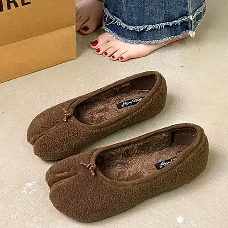 2023秋冬新款羊羔毛单鞋女加绒浅口分趾猪蹄鞋软底仙女平底马蹄鞋商品大图