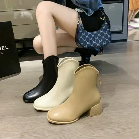 靴子女短靴法式高跟粗跟马丁靴2023年新款秋冬v口高级感气质皮靴商品大图