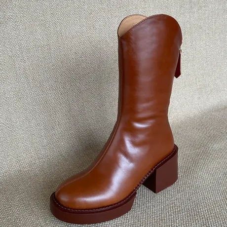 冬季加绒加厚真皮羊羔毛头层牛皮圆头中筒靴女厚底保暖毛里女靴子图片