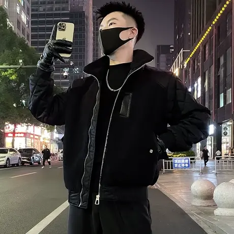 冬季新款菱格拼接摇粒绒棉服外套男立领防寒机车服羊羔毛棉衣夹克图片