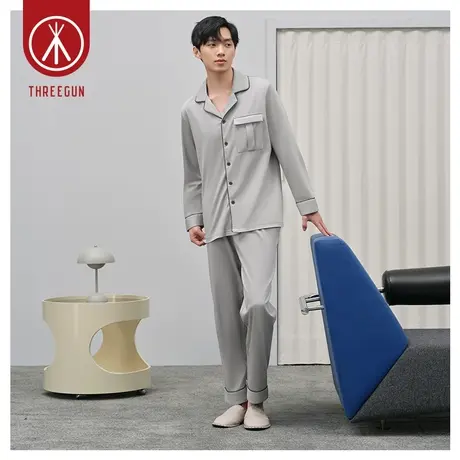 三枪家居套装男秋季纯棉高支丝光棉开襟翻领全棉高级感男士家居服商品大图