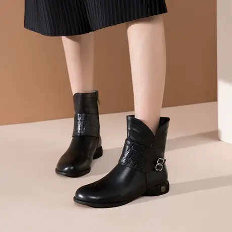 真皮靴子女2023秋冬季新款小短靴平跟马丁靴侧拉链圆头牛皮女士靴商品大图