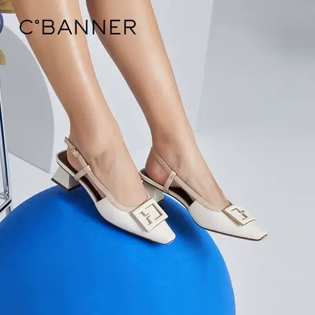千百度女鞋夏季新款时装凉鞋法式浪漫气质中跟简约米色凉鞋绝美商品大图