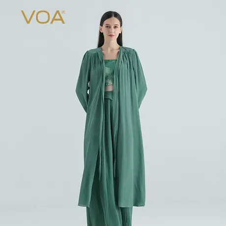 VOA桑蚕丝顺纡灰绿色V领长袖系带亲肤成熟宽松真丝中长款风衣商品大图