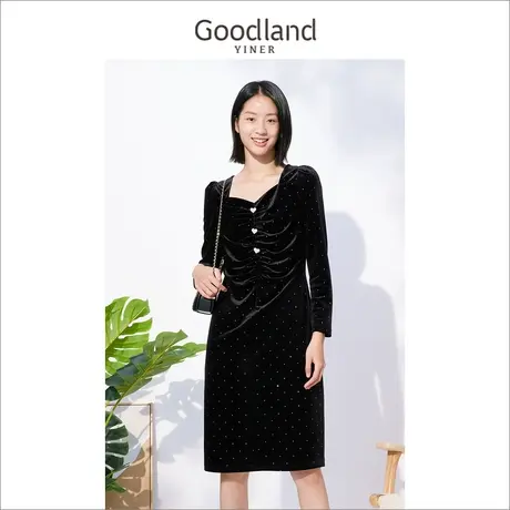 *Goodland美地女装冬季钉钻方领长袖金丝绒连衣裙图片