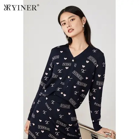 *YINER音儿奥莱女装秋季舒适V领印花毛针织衫商品大图