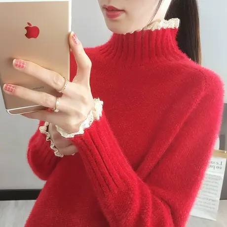 半高领长袖针织衫女士2023春装新款韩版宽松纯色套头蕾丝边毛衣女商品大图