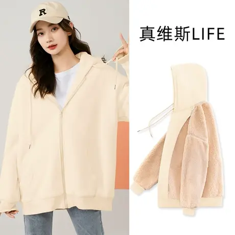真维斯LIFE开衫外套女冬季2024新款爆款羊羔绒加绒加厚连帽上衣潮商品大图