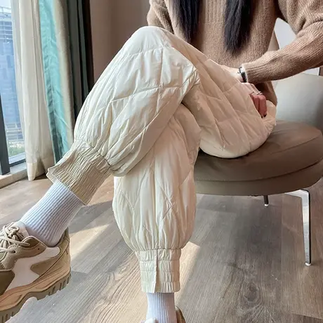 轻薄羽绒裤女外穿秋冬季时尚高腰米白色休闲显瘦加厚小脚保暖棉裤商品大图