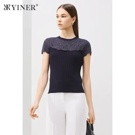 YINER音儿女装2020夏季新款时尚拼接亮丝针织衫套头商品大图