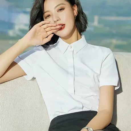 雀后职业衬衫女夏时尚正装工装上衣OL工作服抗皱免烫白色短袖衬衣商品大图