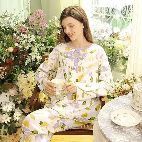 润微睡衣女春秋100%棉长袖长裤甜美舒适宽松可爱可外穿家居服套装商品大图