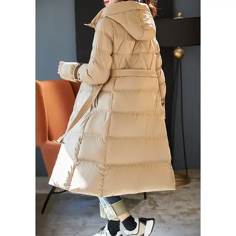 宝诗黎腰带中长90白鸭绒羽绒服女连帽修身纯色厚大衣2023冬季新款图片