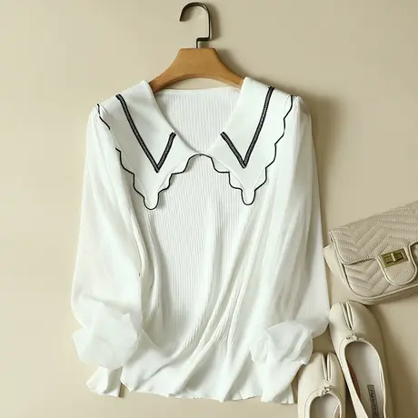 秋装2023年新款雪纺袖冰丝针织衫女长袖宽松上衣洋气蕾丝打底衫女商品大图