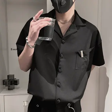 夏季男衬衫短袖宽松修身半袖克莱因蓝个性潮流休闲发型师体恤衬衣商品大图