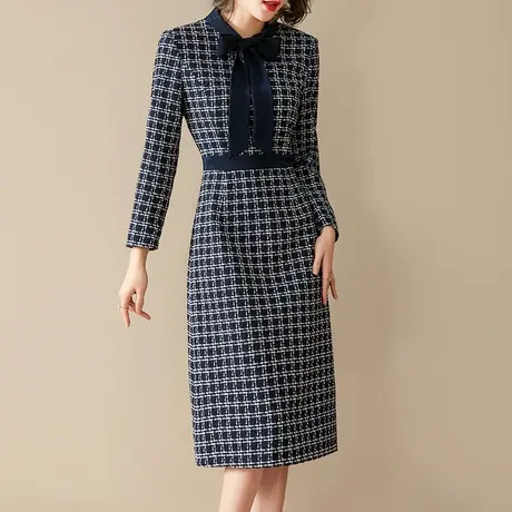 水墨青华冬季新品时尚打底毛呢裙气质优雅蝴蝶结百搭连衣裙图片