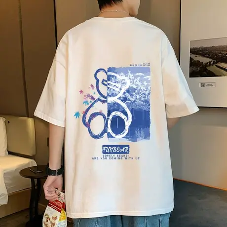 夏季纯棉短袖t恤男潮牌原宿风美式高街宽松上衣卡通圆领小熊半袖T商品大图