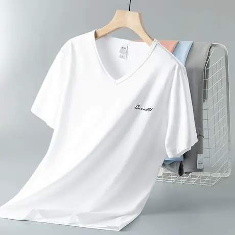 莫代尔短袖t恤男潮流V领上衣服冰丝凉感夏季印花半袖速干白色体恤商品大图