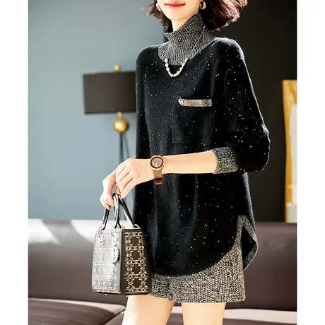 宝诗黎拼接半高领亮片慵懒毛衣女时尚长袖打底针织衫2024春季新款商品大图