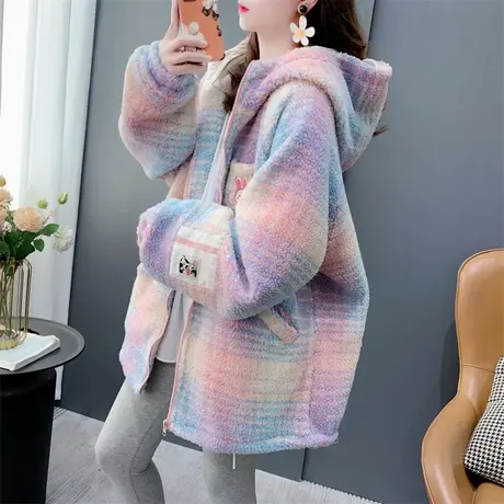 彩色加绒加厚连帽羊羔毛外套女2023冬季新款宽松显瘦百搭棉服上衣商品大图