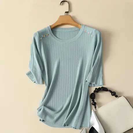 冰丝针织衫短袖t恤女2024春夏新款圆领短款显瘦薄款打底衫女上衣商品大图