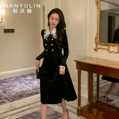 韩语琳法式连衣裙女春秋2023新款气质收腰显瘦高级感黑色长款裙子图片