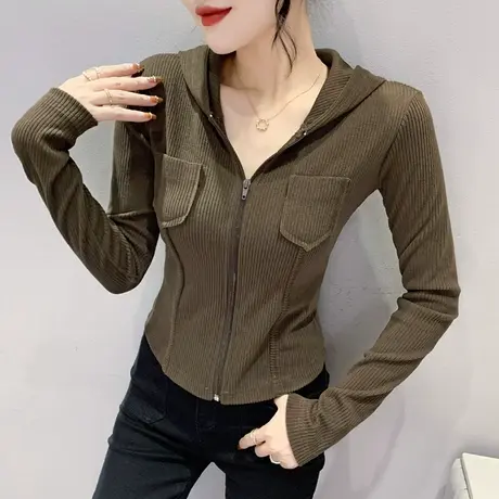 欧货拉链短外套女春秋网红设计感连帽卫衣时尚高腰开衫上衣长袖潮图片