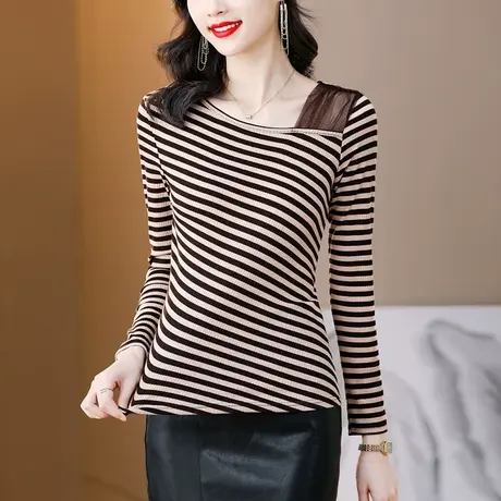 条纹针织打底衫女春秋2023新款漂亮网纱接拼小衫修身显瘦长袖上衣图片