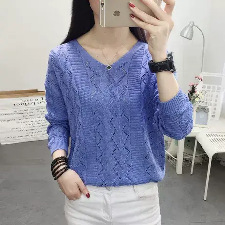 毛衣外套女2022春秋新款韩版宽松V领镂空套头针织衫打底短款上衣商品大图